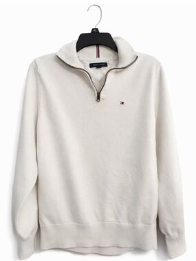 Tommy Hilfiger Quarter Zip Pullover Men’s Medium Cream Mock Neck Sweater